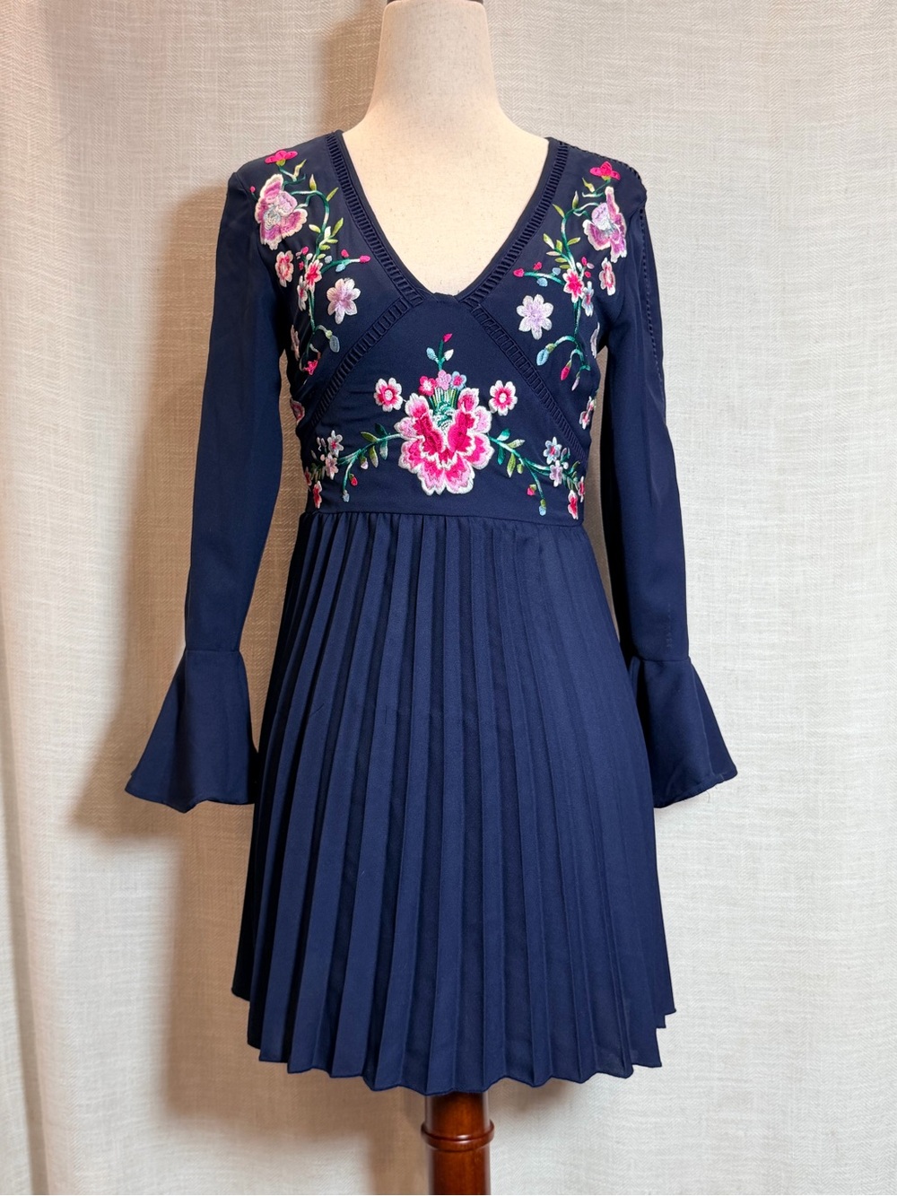 ASOS Navy Long Sleeve V-Neck Dress with Pink Floral Embroidery